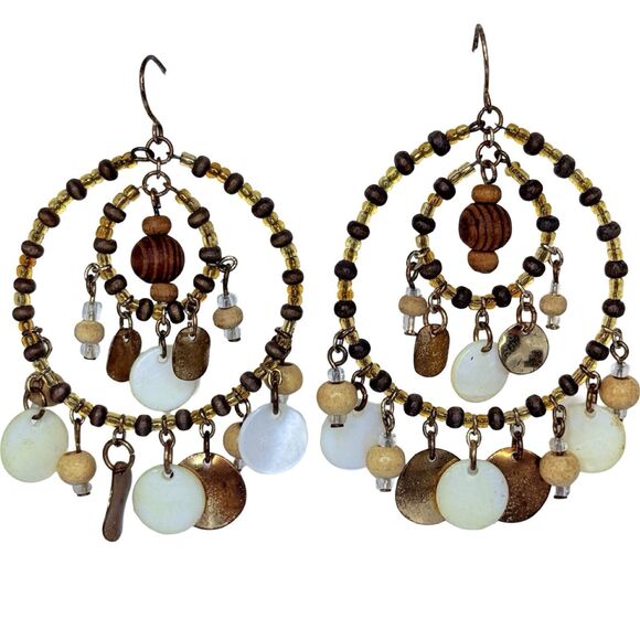 Jewelry - Native Style Beaded Dreamcatcher Hoop Earrings Gold Tone Large Shell , 3.5"